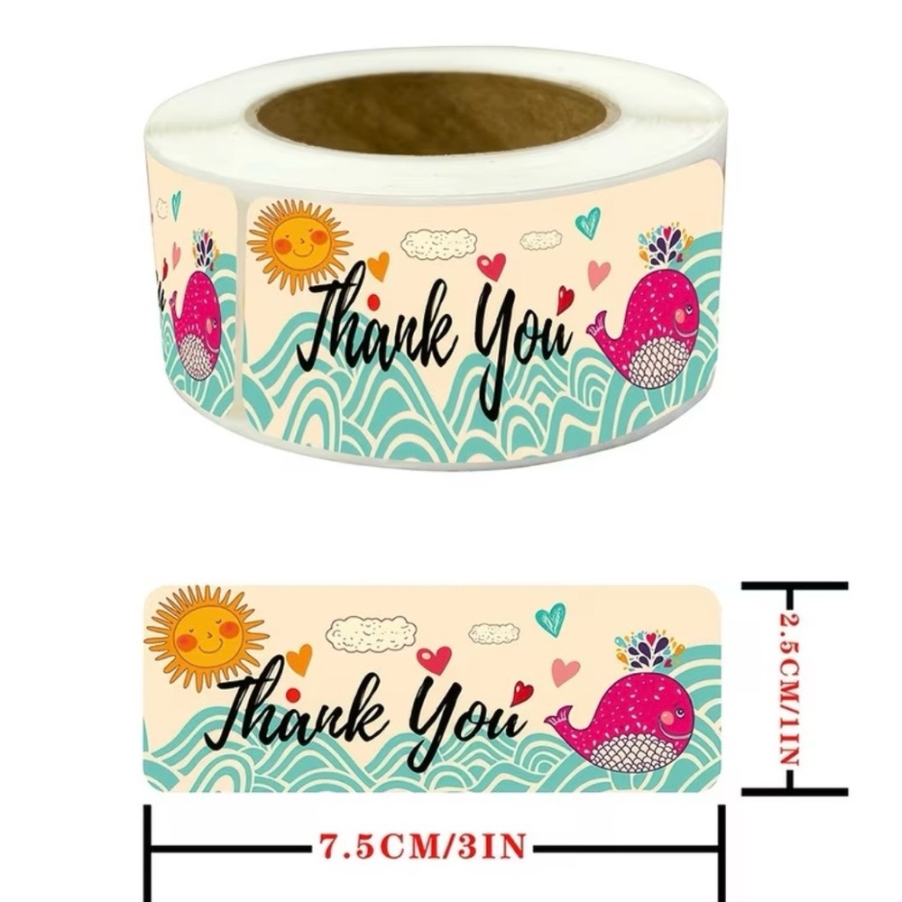 Thank You Whale Sticker Roll 120 pcs Pink Whale & Teal Waves NEW - Picture 2 of 4